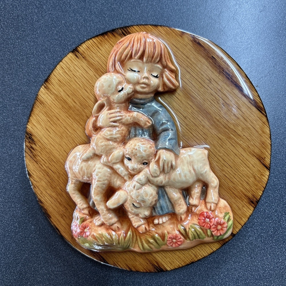 Vintage Wooden Plaque Wall Hanging Decor‎ Porcelain Girl And Sheep Lambs